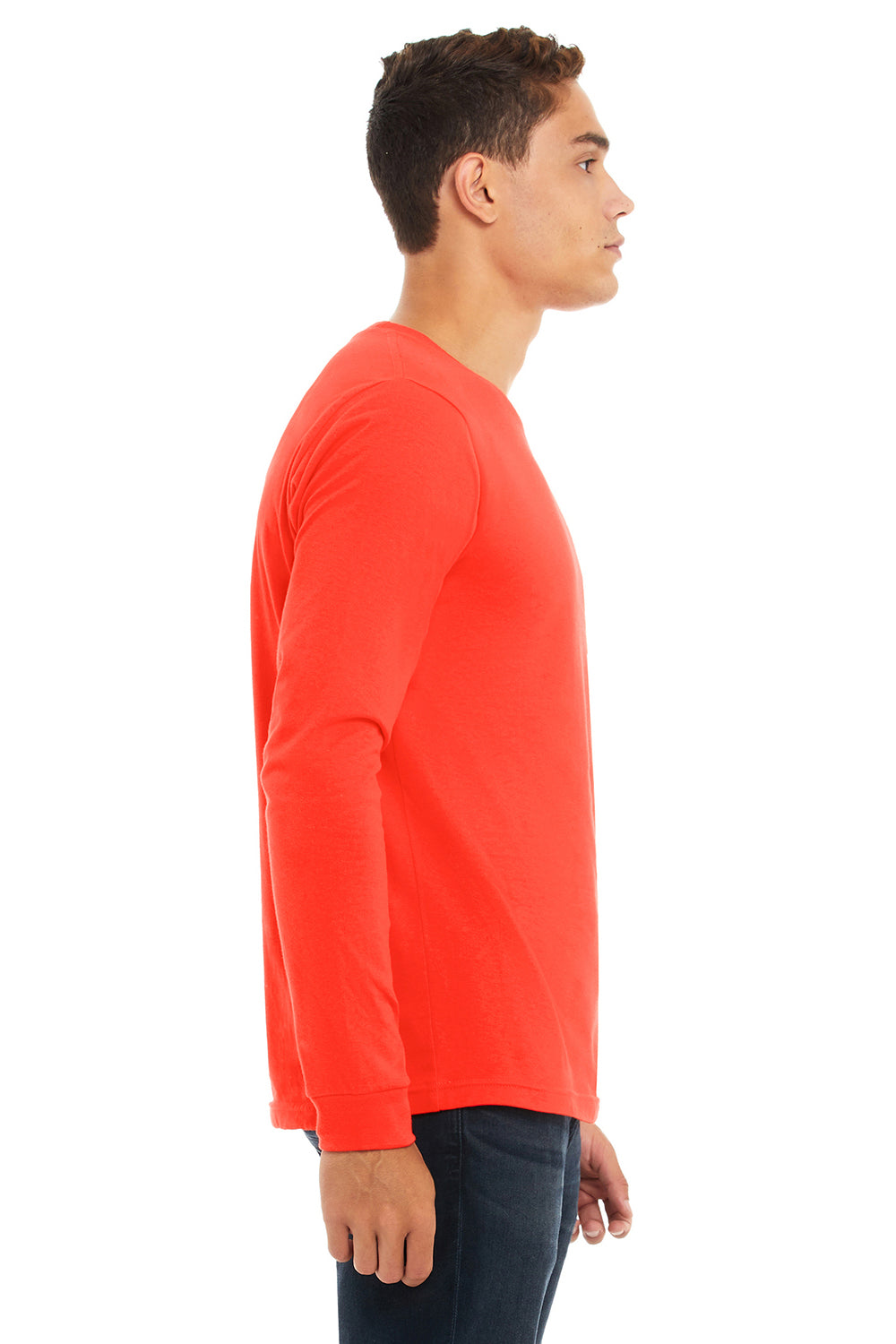 Bella + Canvas BC3501/3501 Mens Jersey Long Sleeve Crewneck T-Shirt Poppy Red Model Side