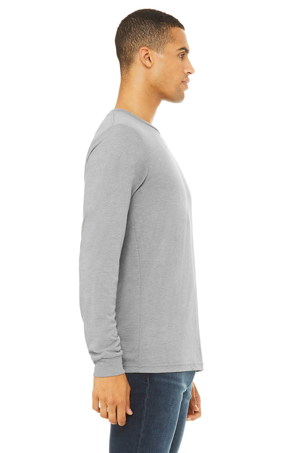 Bella + Canvas BC3501/3501 Mens Jersey Long Sleeve Crewneck T-Shirt Heather Grey Triblend Model Side