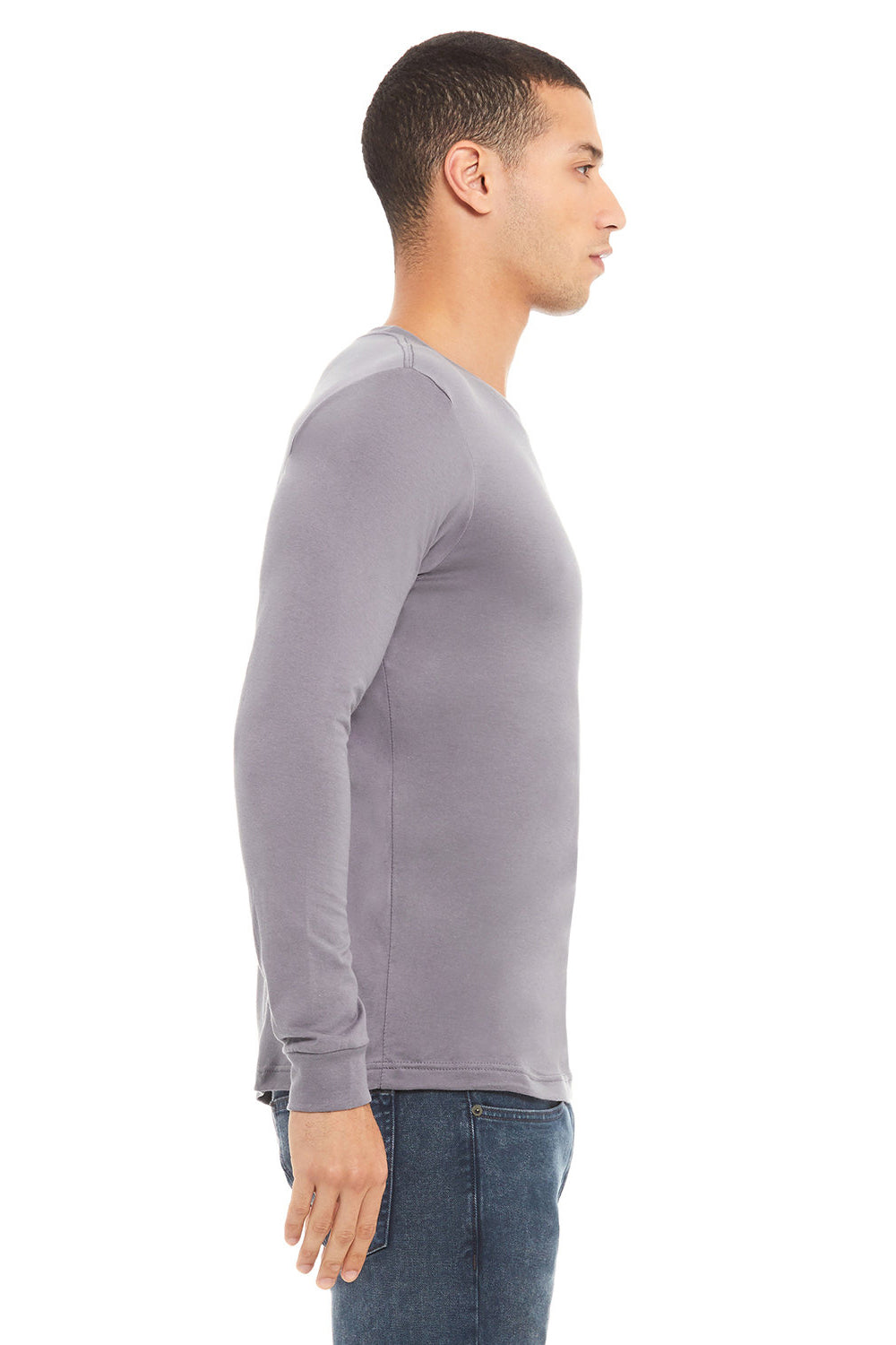 Bella + Canvas BC3501/3501 Mens Jersey Long Sleeve Crewneck T-Shirt Storm Grey Model Side