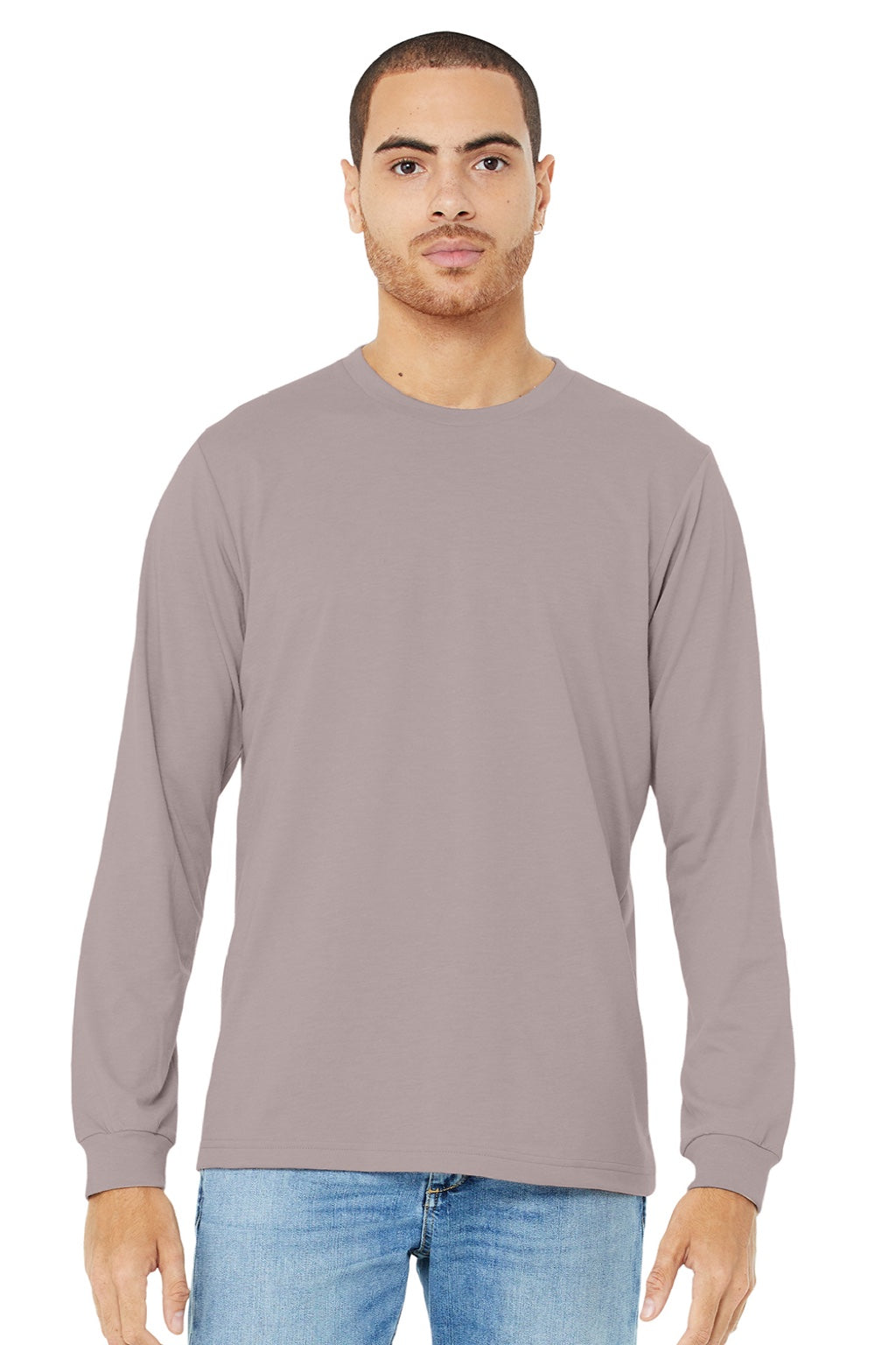 Bella + Canvas BC3501CVC/3501CVC Mens CVC Long Sleeve Crewneck T-Shirt Heather Pink Gravel Model Front