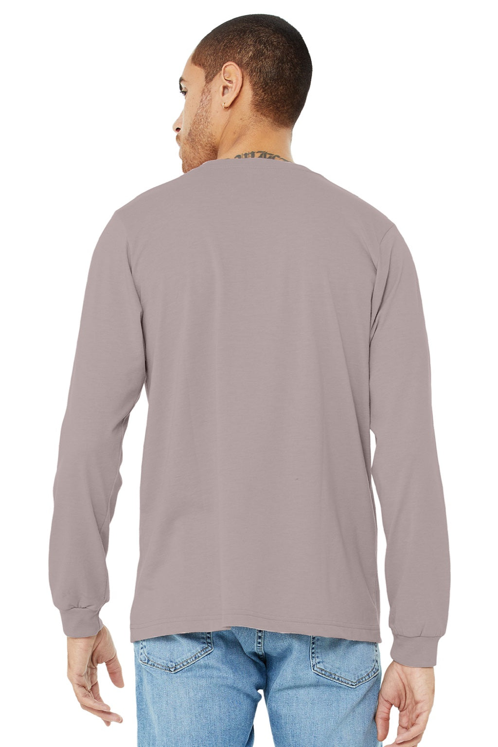 Bella + Canvas BC3501CVC/3501CVC Mens CVC Long Sleeve Crewneck T-Shirt Heather Pink Gravel Model Back