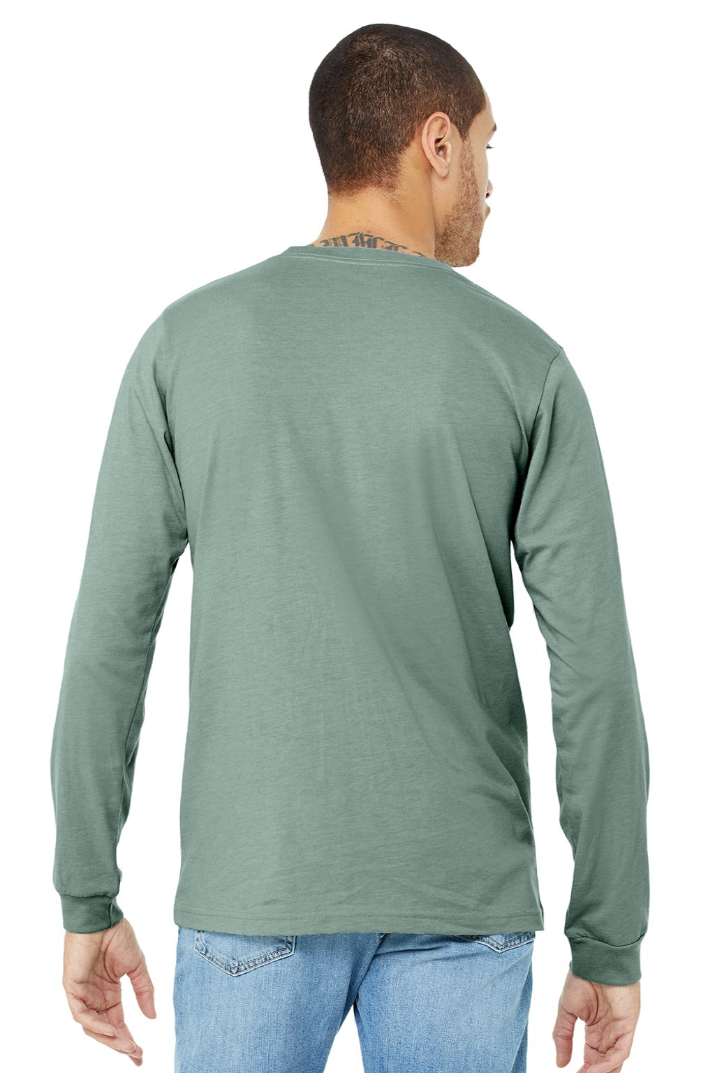 Bella + Canvas BC3501CVC/3501CVC Mens CVC Long Sleeve Crewneck T-Shirt Heather Dusty Blue Model Back