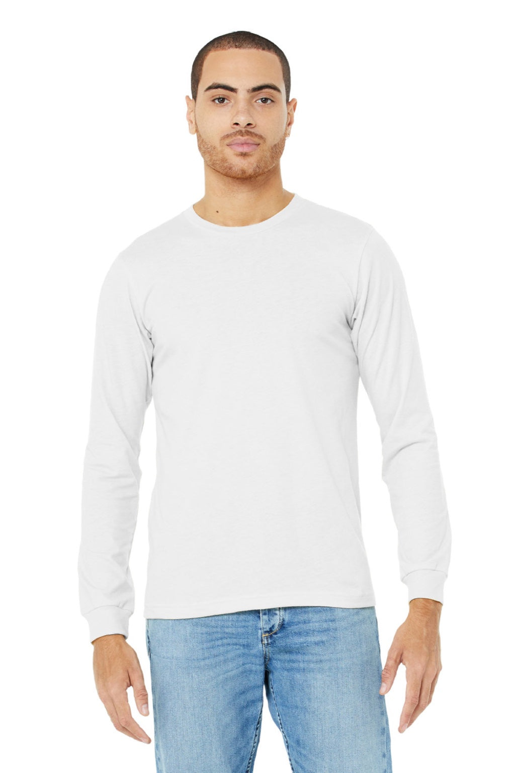 Bella + Canvas BC3501CVC/3501CVC Mens CVC Long Sleeve Crewneck T-Shirt Solid White Model Front