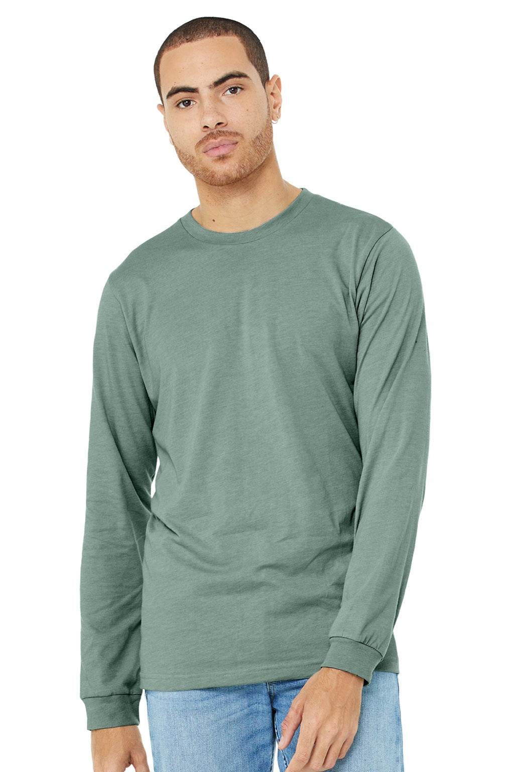Bella + Canvas BC3501CVC/3501CVC Mens CVC Long Sleeve Crewneck T-Shirt Heather Dusty Blue Model Front