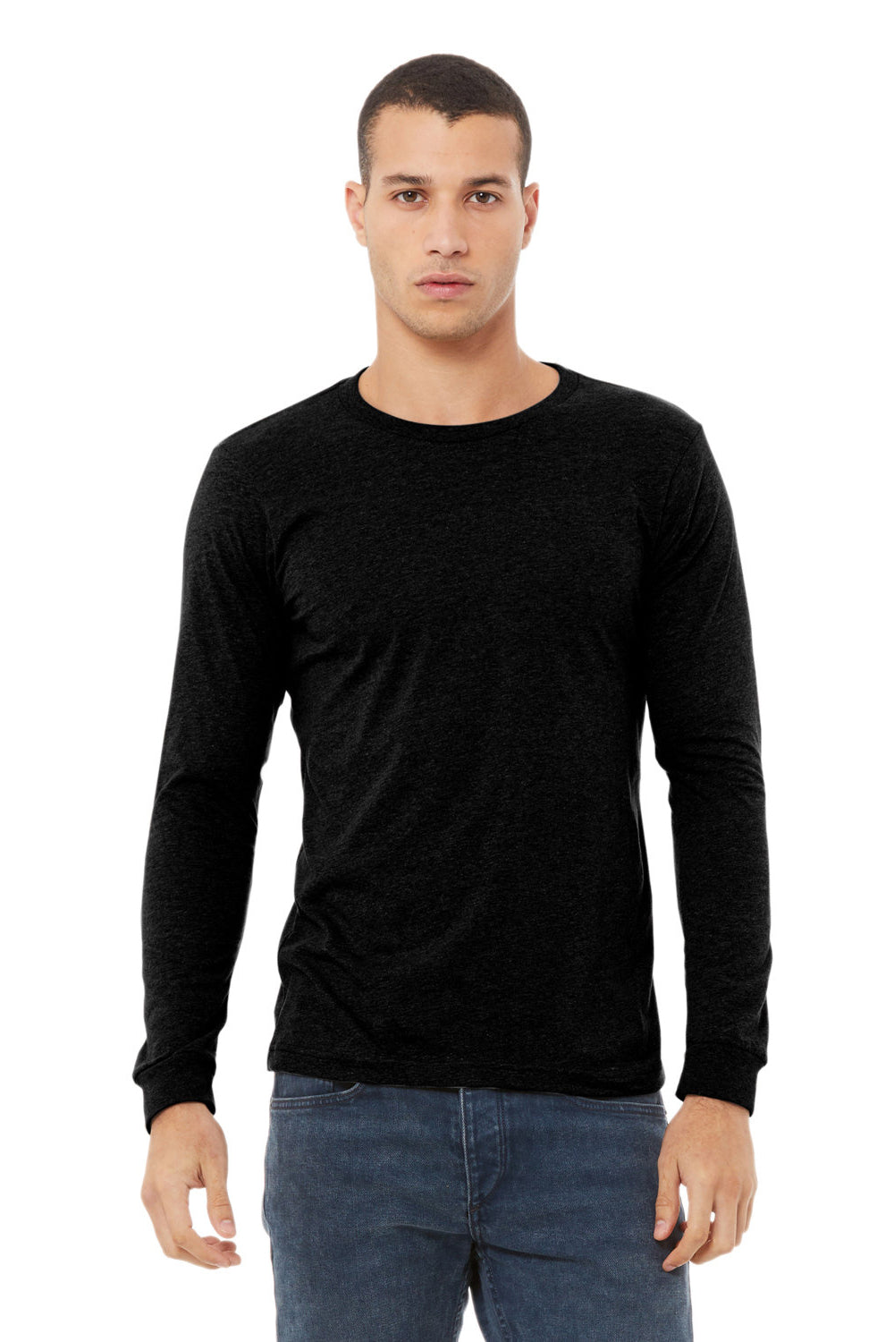 Bella + Canvas BC3501CVC Mens CVC Long Sleeve Crewneck T-Shirt Solid Black Model Front