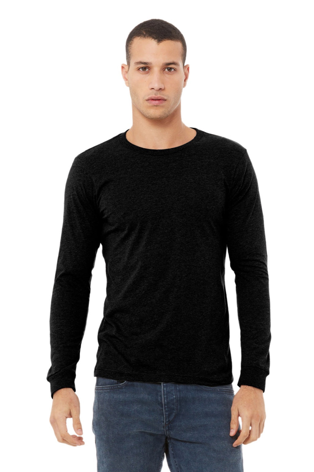 Bella + Canvas BC3501CVC/3501CVC Mens CVC Long Sleeve Crewneck T-Shirt Solid Black Model Front