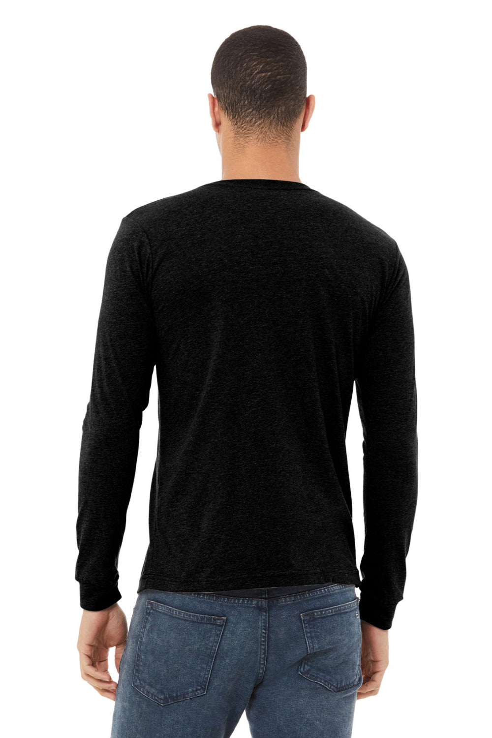 Bella + Canvas BC3501CVC Mens CVC Long Sleeve Crewneck T-Shirt Solid Black Model Back