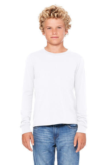 Bella + Canvas 3501Y Youth Jersey Long Sleeve Crewneck T-Shirt White Model Front