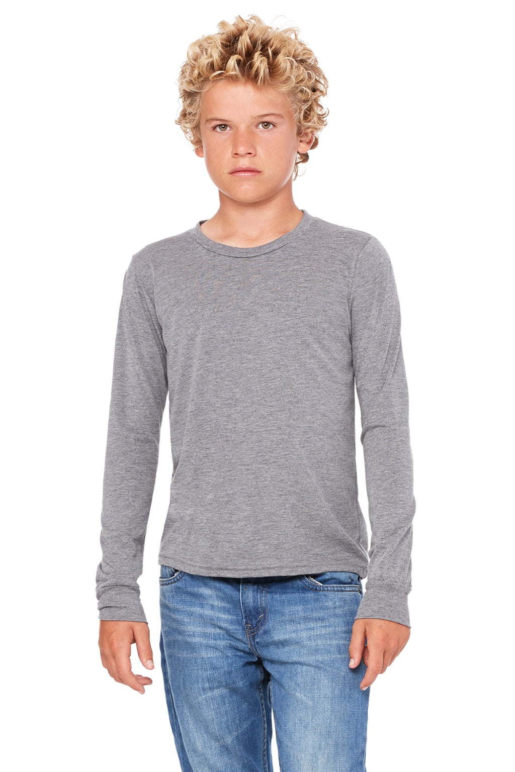 Bella + Canvas 3513Y Youth Jersey Long Sleeve Crewneck T-Shirt Grey Model Front