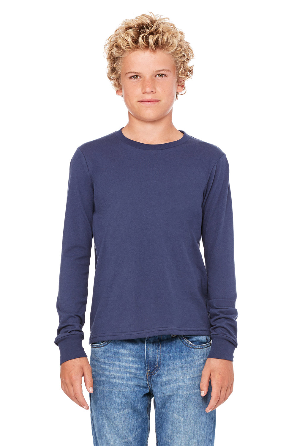 Bella + Canvas 3501Y Youth Jersey Long Sleeve Crewneck T-Shirt Navy Blue Model Front