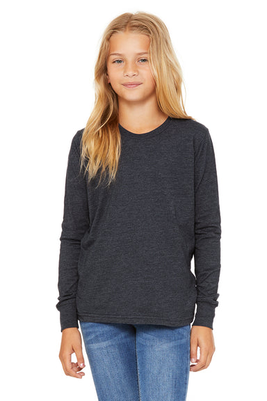 Bella + Canvas 3501Y Youth Jersey Long Sleeve Crewneck T-Shirt Heather Navy Blue Model Front