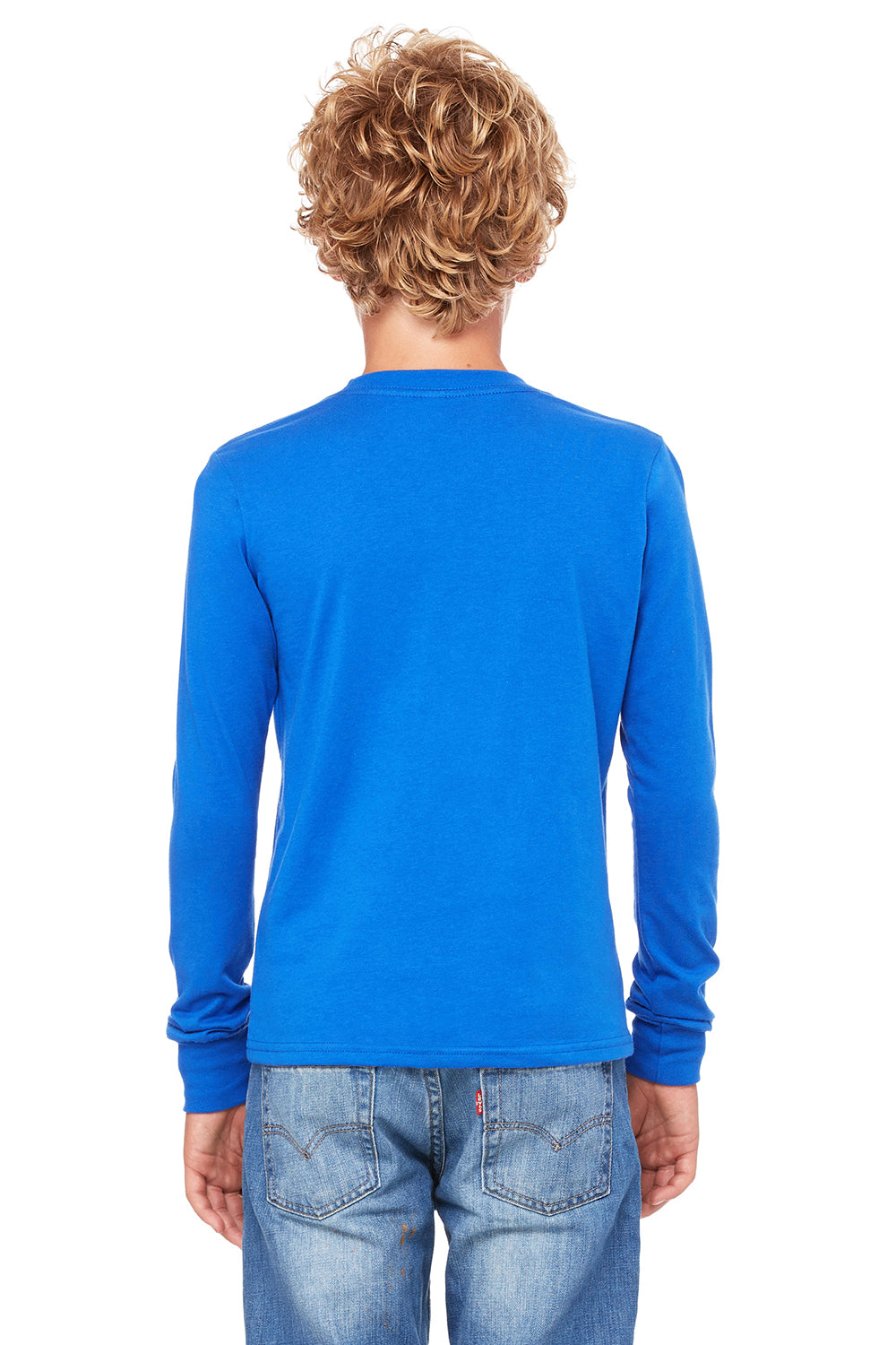 Bella + Canvas 3501Y Youth Jersey Long Sleeve Crewneck T-Shirt True Royal Blue Model Back