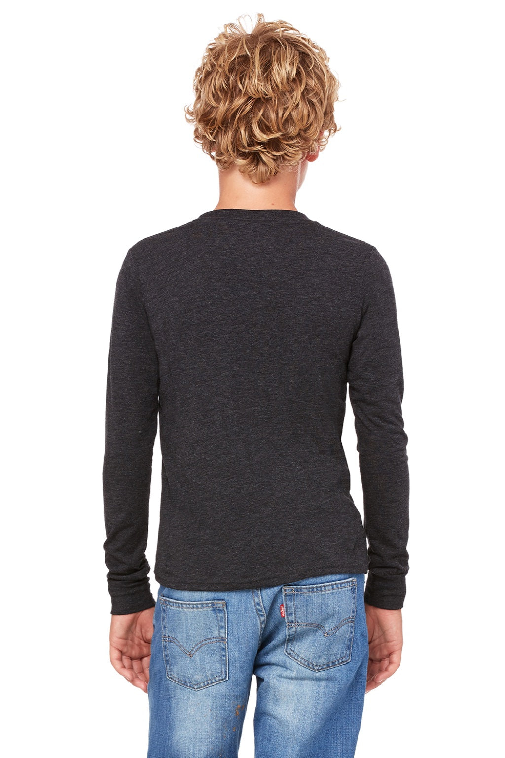 Bella + Canvas 3513Y Youth Jersey Long Sleeve Crewneck T-Shirt Charcoal Black Model Back