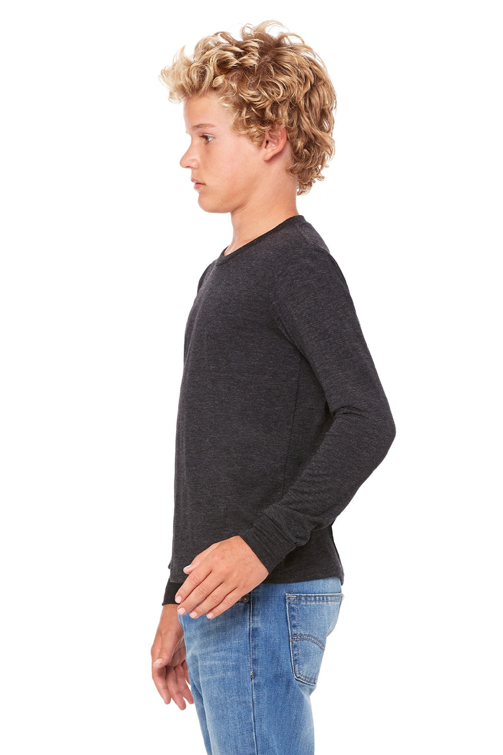 Bella + Canvas 3513Y Youth Jersey Long Sleeve Crewneck T-Shirt Charcoal Black Model Side
