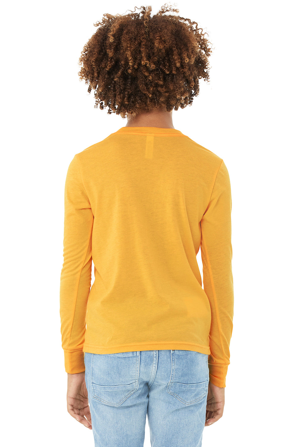 Bella + Canvas 3501Y Youth Jersey Long Sleeve Crewneck T-Shirt Heather Yellow Gold Model Back