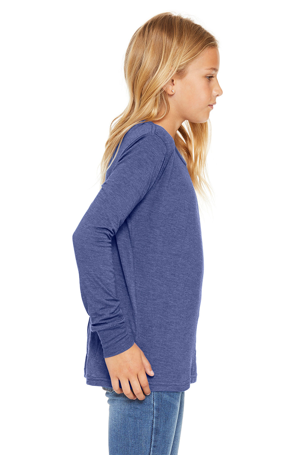 Bella + Canvas 3501Y Youth Jersey Long Sleeve Crewneck T-Shirt True Royal Blue Triblend Model Side