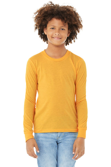 Bella + Canvas 3501Y Youth Jersey Long Sleeve Crewneck T-Shirt Heather Yellow Gold Model Front