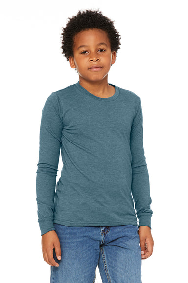 Bella + Canvas 3501Y Youth Jersey Long Sleeve Crewneck T-Shirt Heather Deep Teal Blue Model Front