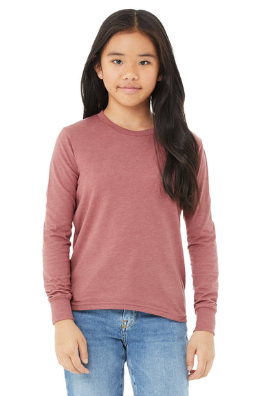 Bella + Canvas 3501Y Youth Jersey Long Sleeve Crewneck T-Shirt Heather Mauve Model Front