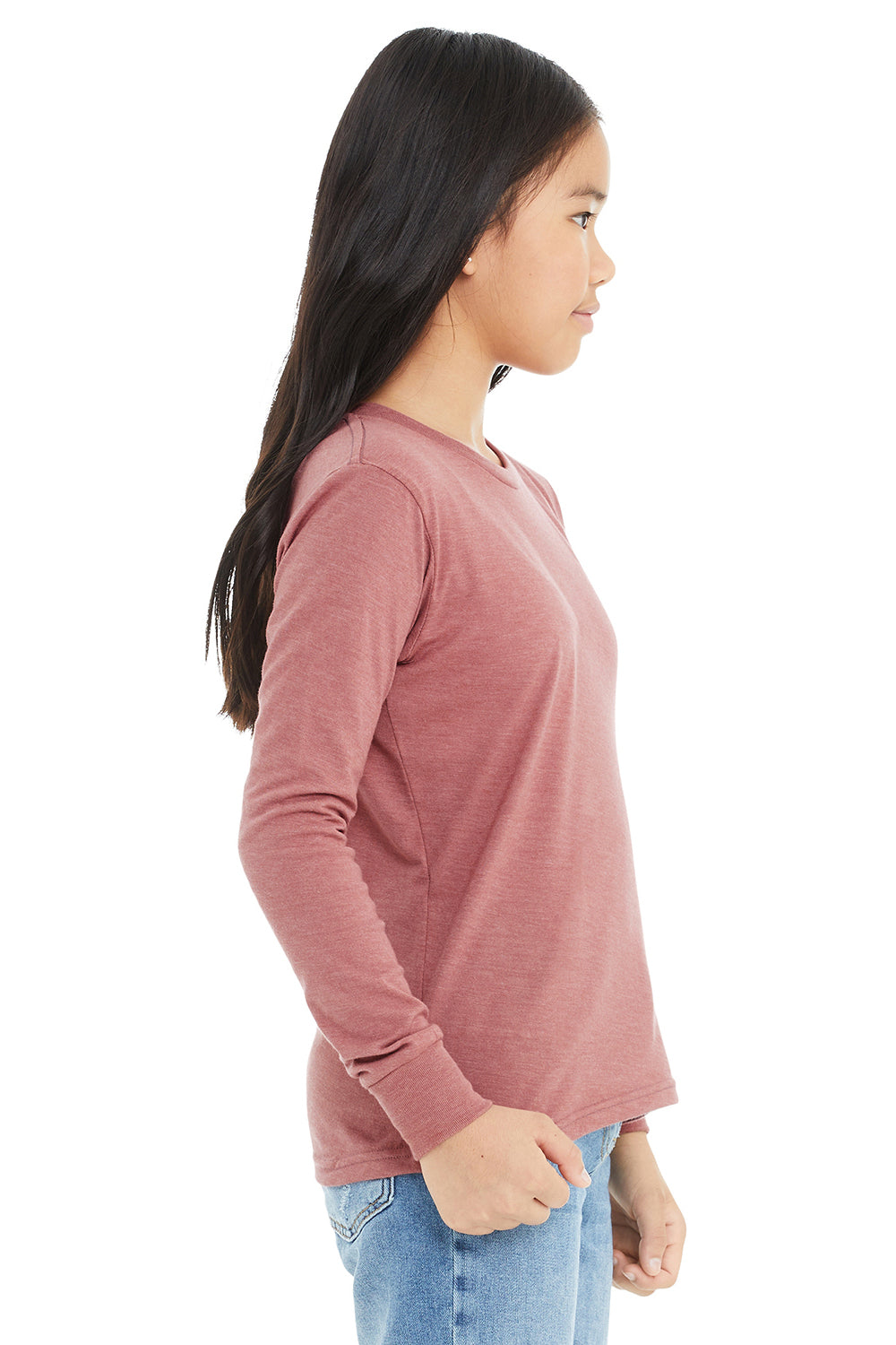 Bella + Canvas 3501Y Youth Jersey Long Sleeve Crewneck T-Shirt Heather Mauve Model Side