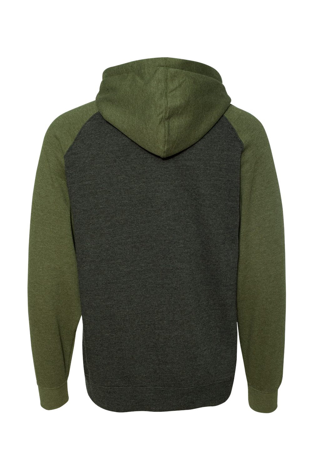Independent Trading Company IND40RP Mens Raglan Hooded Sweatshirt Hoodie w/ Pouch Pockets Heather Charcoal Grey/Heather Army Green Flat Back