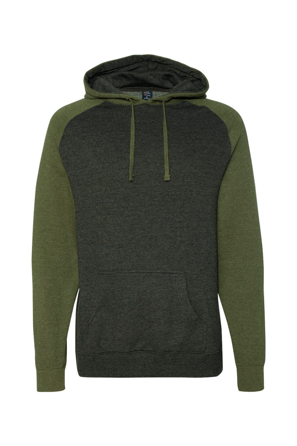 Independent Trading Company IND40RP Mens Raglan Hooded Sweatshirt Hoodie w/ Pouch Pockets Heather Charcoal Grey/Heather Army Green Flat Front
