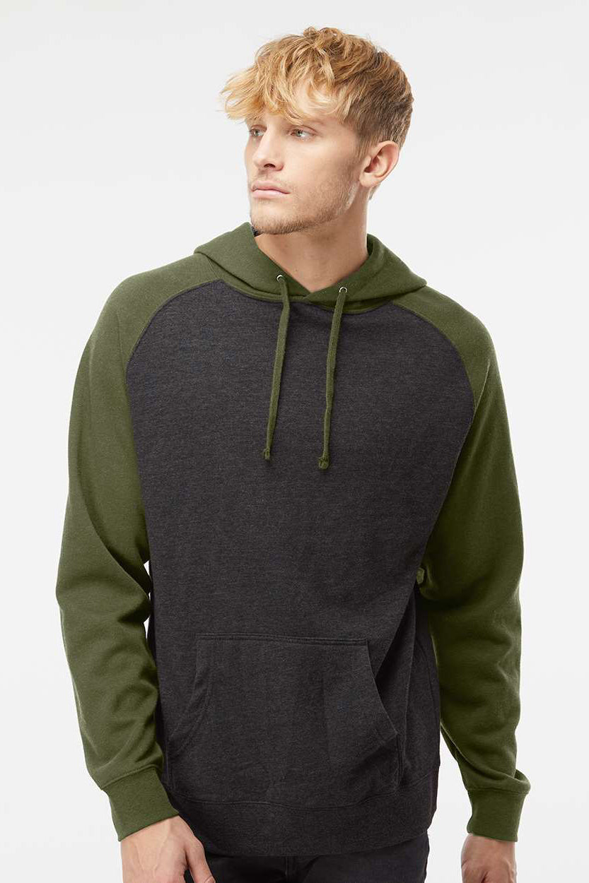 Independent Trading Company IND40RP Mens Raglan Hooded Sweatshirt Hoodie w/ Pouch Pockets Heather Charcoal Grey/Heather Army Green Model Front