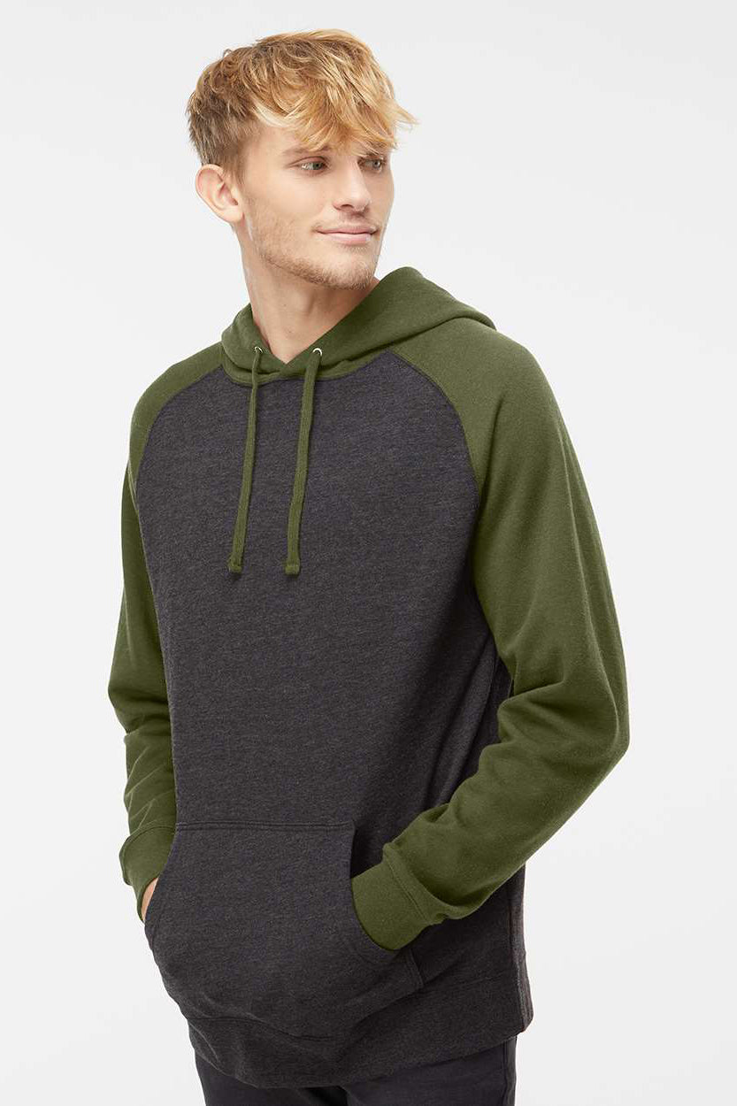 Independent Trading Company IND40RP Mens Raglan Hooded Sweatshirt Hoodie w/ Pouch Pockets Heather Charcoal Grey/Heather Army Green Model Side