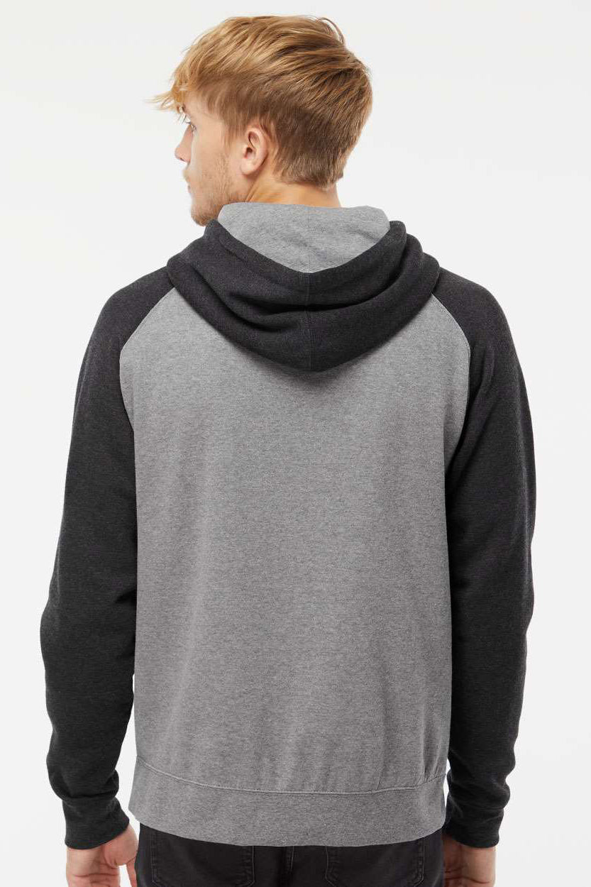 Independent Trading Company IND40RP Mens Raglan Hooded Sweatshirt Hoodie w/ Pouch Pockets Heather Gunmetal Grey/Heather Charcoal Grey Model Back