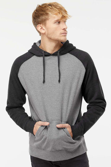 Independent Trading Company IND40RP Mens Raglan Hooded Sweatshirt Hoodie w/ Pouch Pockets Heather Gunmetal Grey/Heather Charcoal Grey Model Front