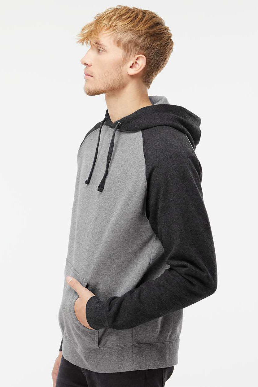 Independent Trading Company IND40RP Mens Raglan Hooded Sweatshirt Hoodie w/ Pouch Pockets Heather Gunmetal Grey/Heather Charcoal Grey Model Side