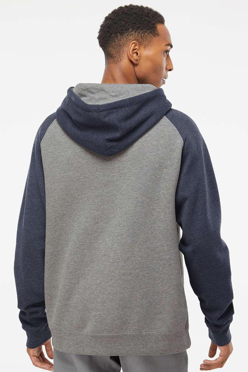 Independent Trading Company IND40RP Mens Raglan Hooded Sweatshirt Hoodie w/ Pouch Pockets Heather Gunmetal Grey/Heather Classic Navy Blue Model Back