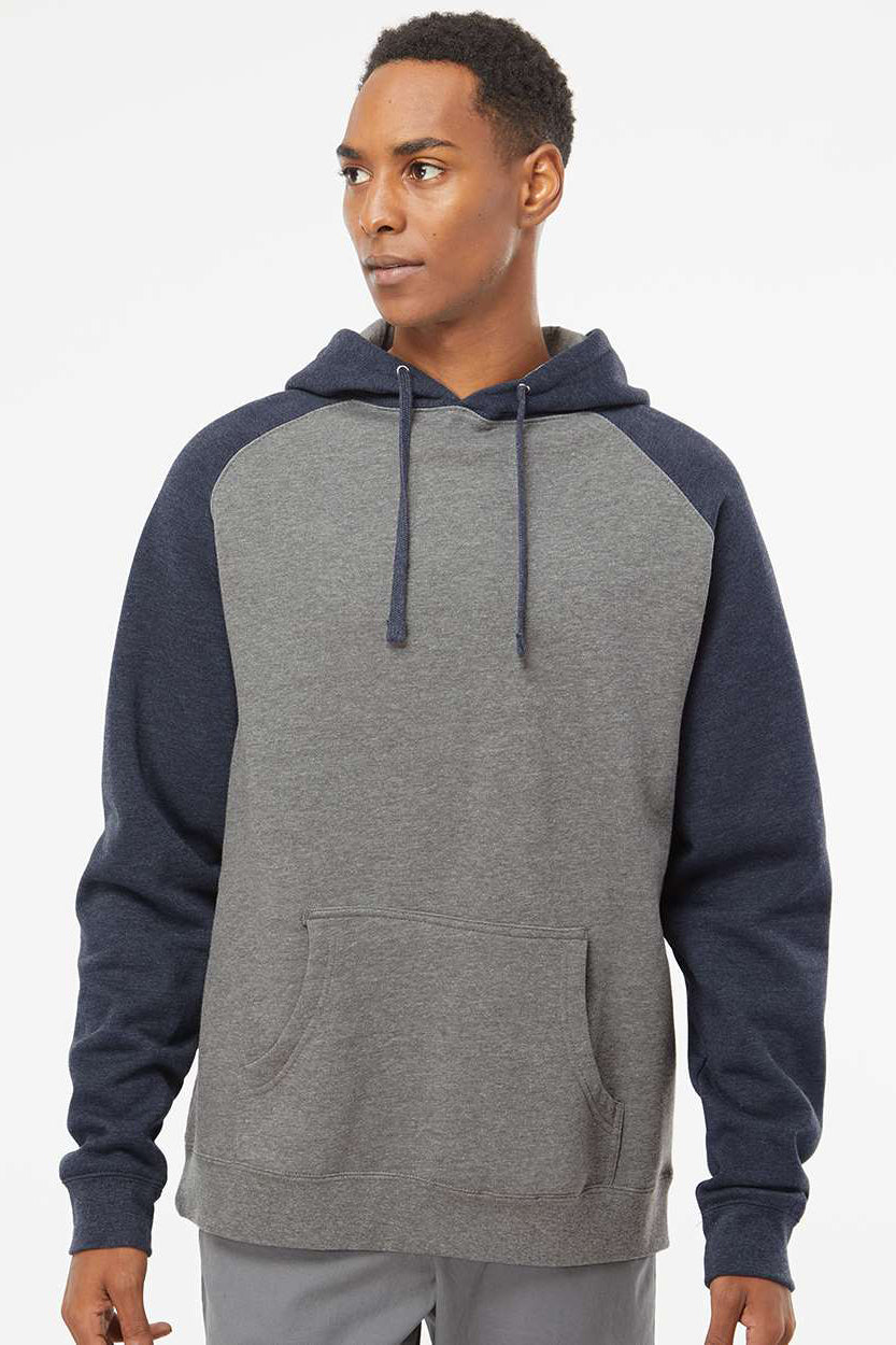 Independent Trading Company IND40RP Mens Raglan Hooded Sweatshirt Hoodie w/ Pouch Pockets Heather Gunmetal Grey/Heather Classic Navy Blue Model Front