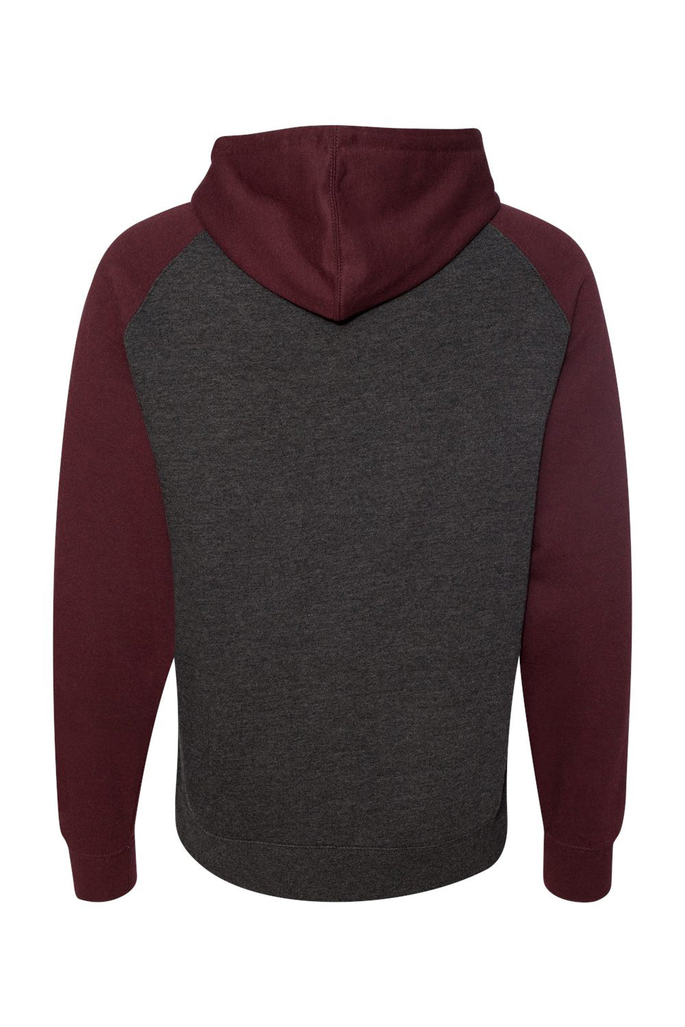 Independent Trading Company IND40RP Mens Raglan Hooded Sweatshirt Hoodie w/ Pouch Pockets Heather Charcoal Grey/Heather Burgundy Flat Back
