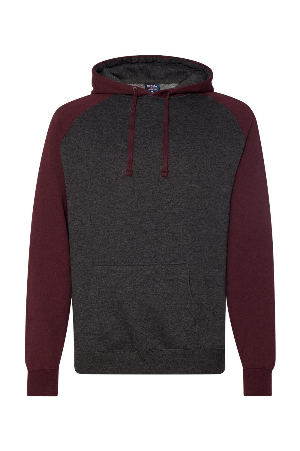 Independent Trading Company IND40RP Mens Raglan Hooded Sweatshirt Hoodie w/ Pouch Pockets Heather Charcoal Grey/Heather Burgundy Flat Front