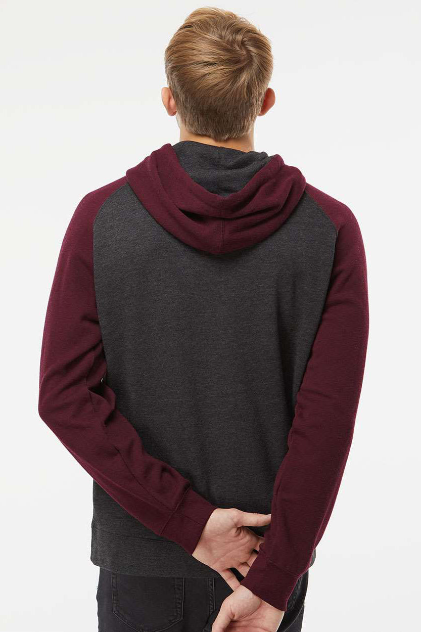 Independent Trading Company IND40RP Mens Raglan Hooded Sweatshirt Hoodie w/ Pouch Pockets Heather Charcoal Grey/Heather Burgundy Model Back