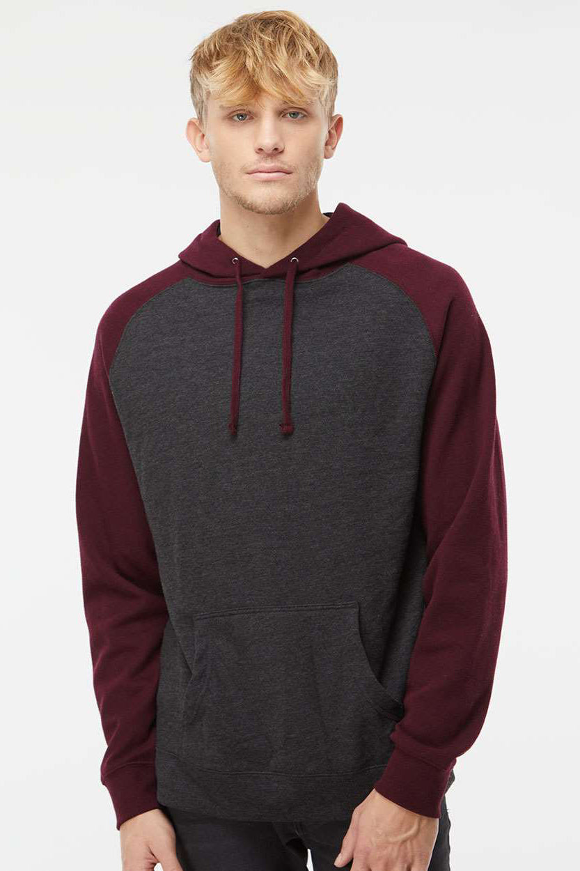Independent Trading Company IND40RP Mens Raglan Hooded Sweatshirt Hoodie w/ Pouch Pockets Heather Charcoal Grey/Heather Burgundy Model Front
