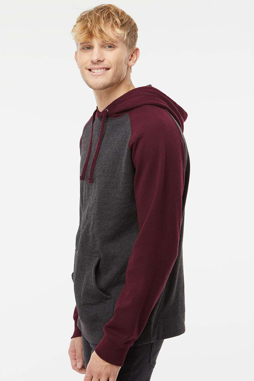 Independent Trading Company IND40RP Mens Raglan Hooded Sweatshirt Hoodie w/ Pouch Pockets Heather Charcoal Grey/Heather Burgundy Model Side