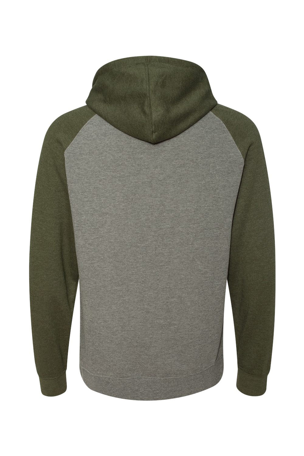 Independent Trading Company IND40RP Mens Raglan Hooded Sweatshirt Hoodie w/ Pouch Pockets Heather Gunmetal Grey/Heather Army Green Flat Back