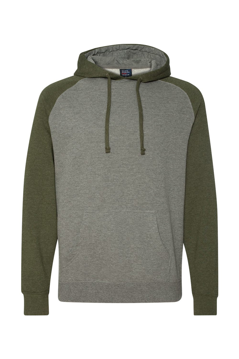 Independent Trading Company IND40RP Mens Raglan Hooded Sweatshirt Hoodie w/ Pouch Pockets Heather Gunmetal Grey/Heather Army Green Flat Front