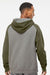 Independent Trading Company IND40RP Mens Raglan Hooded Sweatshirt Hoodie w/ Pouch Pockets Heather Gunmetal Grey/Heather Army Green Model Back