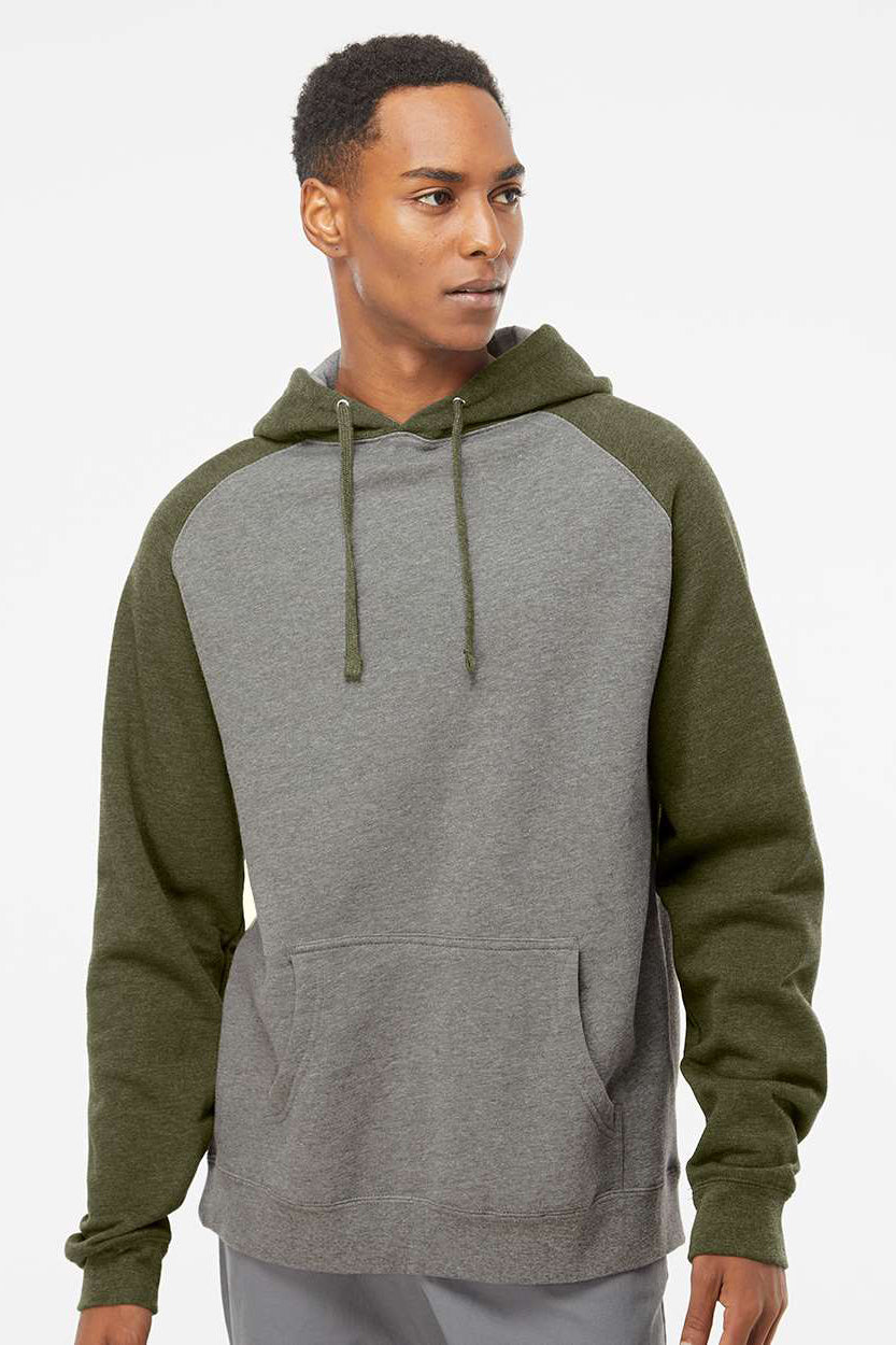 Independent Trading Company IND40RP Mens Raglan Hooded Sweatshirt Hoodie w/ Pouch Pockets Heather Gunmetal Grey/Heather Army Green Model Front