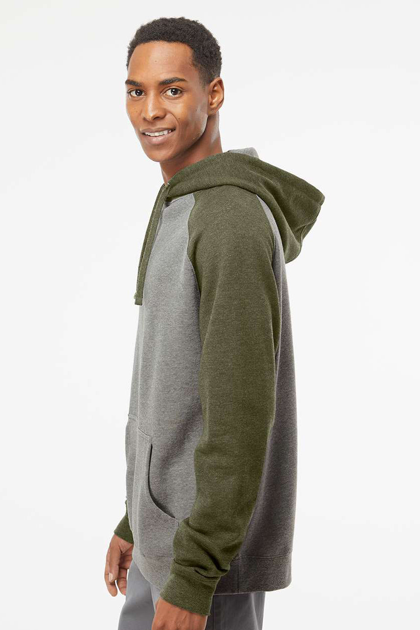 Independent Trading Company IND40RP Mens Raglan Hooded Sweatshirt Hoodie w/ Pouch Pockets Heather Gunmetal Grey/Heather Army Green Model Side