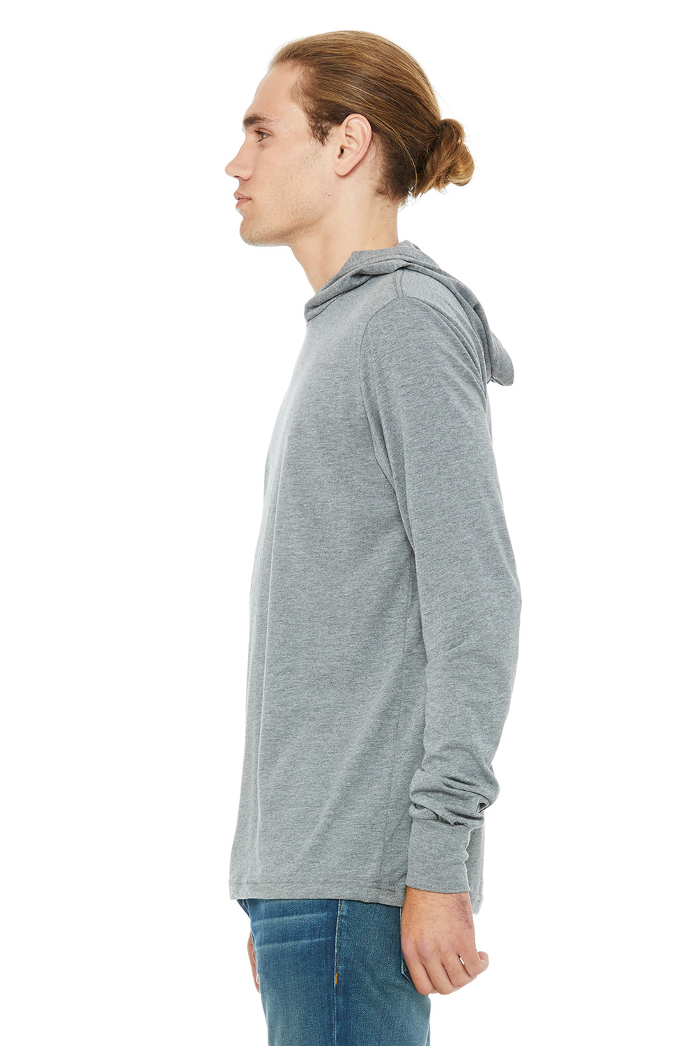 Bella + Canvas BC3512/3512 Mens Jersey Long Sleeve Hooded T-Shirt Hoodie Grey Model Side