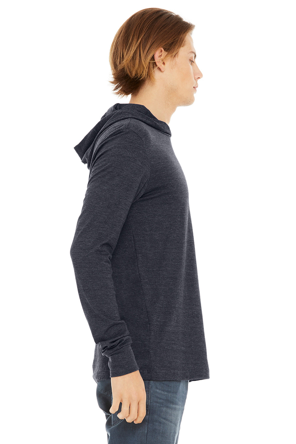 Bella + Canvas BC3512/3512 Mens Jersey Long Sleeve Hooded T-Shirt Hoodie Heather Navy Blue Model Side