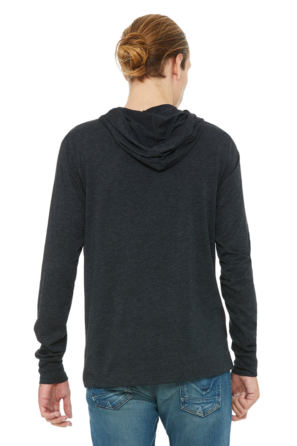Bella + Canvas BC3512/3512 Mens Jersey Long Sleeve Hooded T-Shirt Hoodie Charcoal Black Model Back