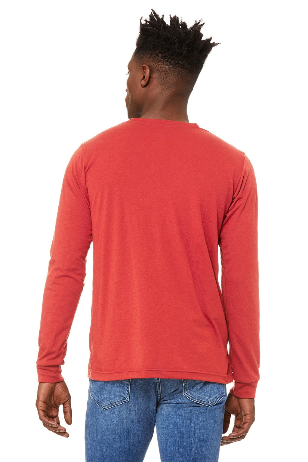 Bella + Canvas BC3513/3513 Mens Jersey Long Sleeve Crewneck T-Shirt Red Model Back