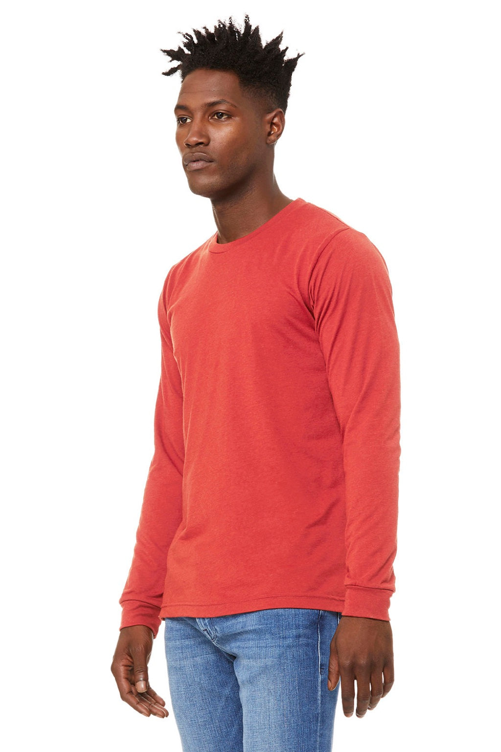 Bella + Canvas BC3513/3513 Mens Jersey Long Sleeve Crewneck T-Shirt Red Model 3Q