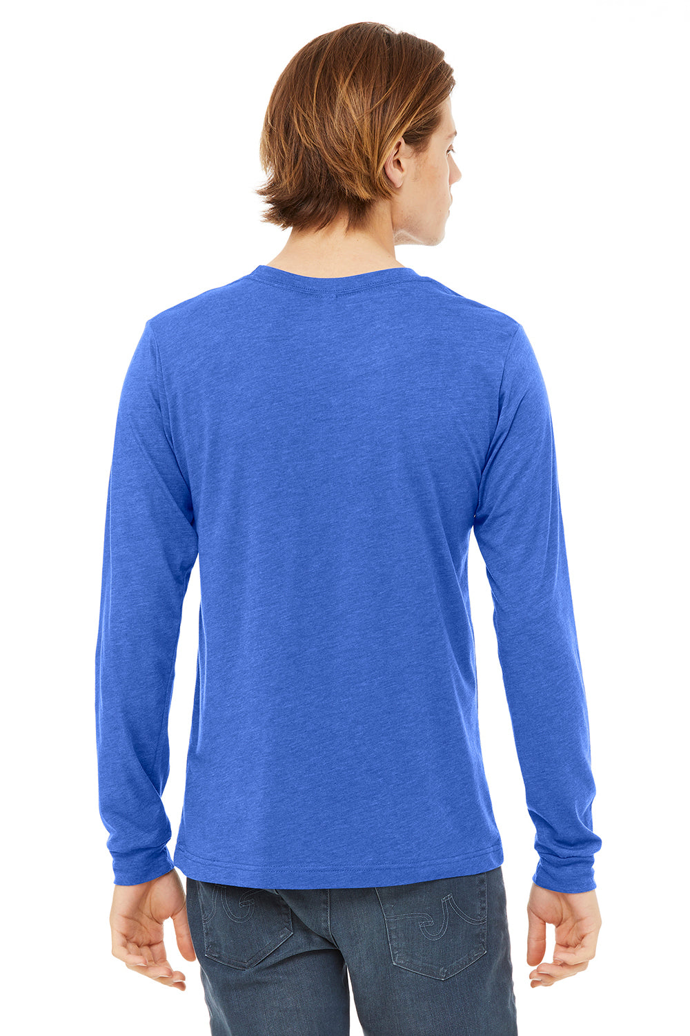 Bella + Canvas BC3501/3501 Mens Jersey Long Sleeve Crewneck T-Shirt True Royal Blue Triblend Model Back
