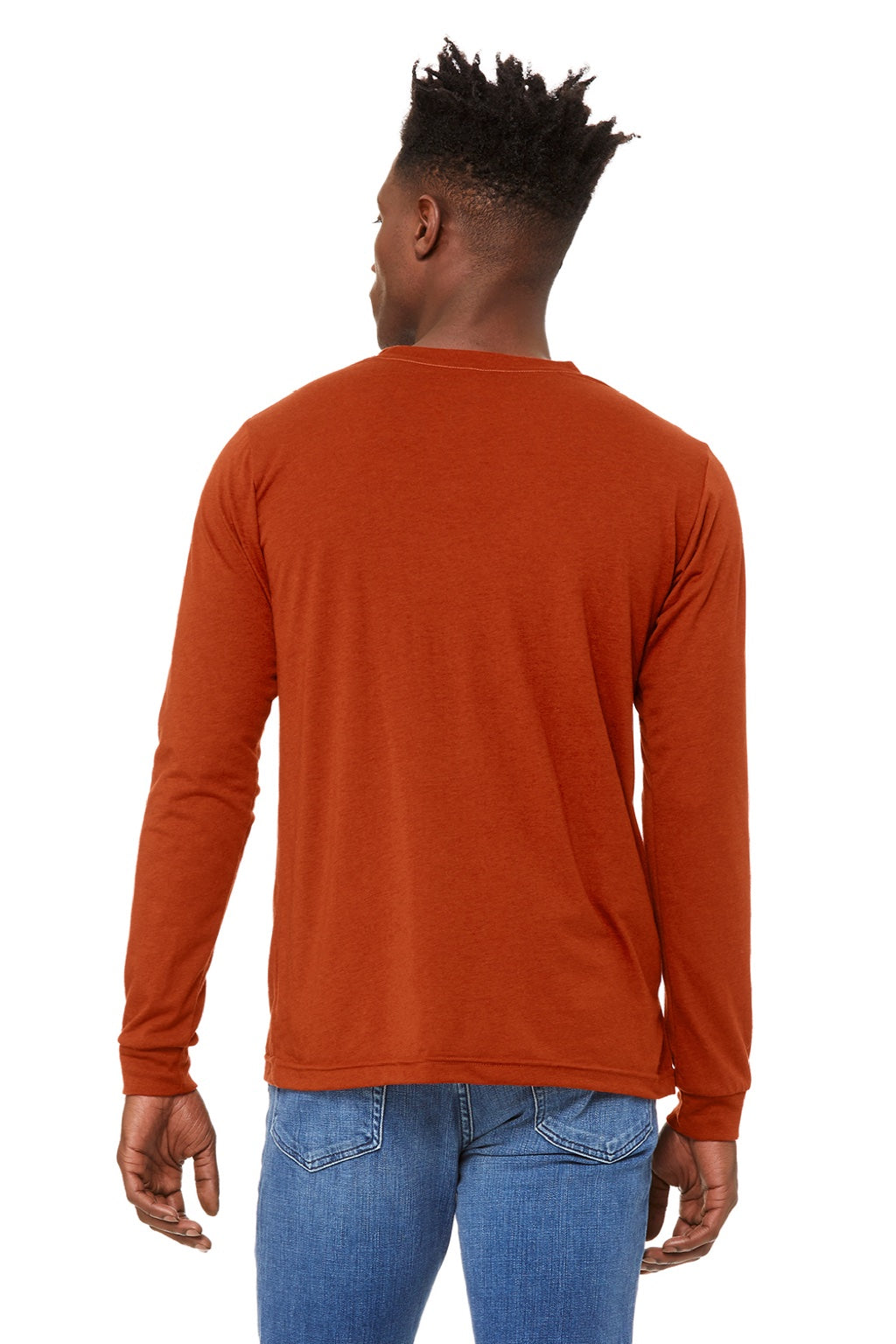 Bella + Canvas BC3513/3513 Mens Jersey Long Sleeve Crewneck T-Shirt Brick Red Model Back